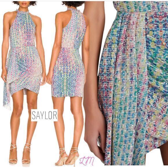 Saylor Revolve Loni Draped Sequined Mini Dress Fruity Pebble Rainbow Extra Small